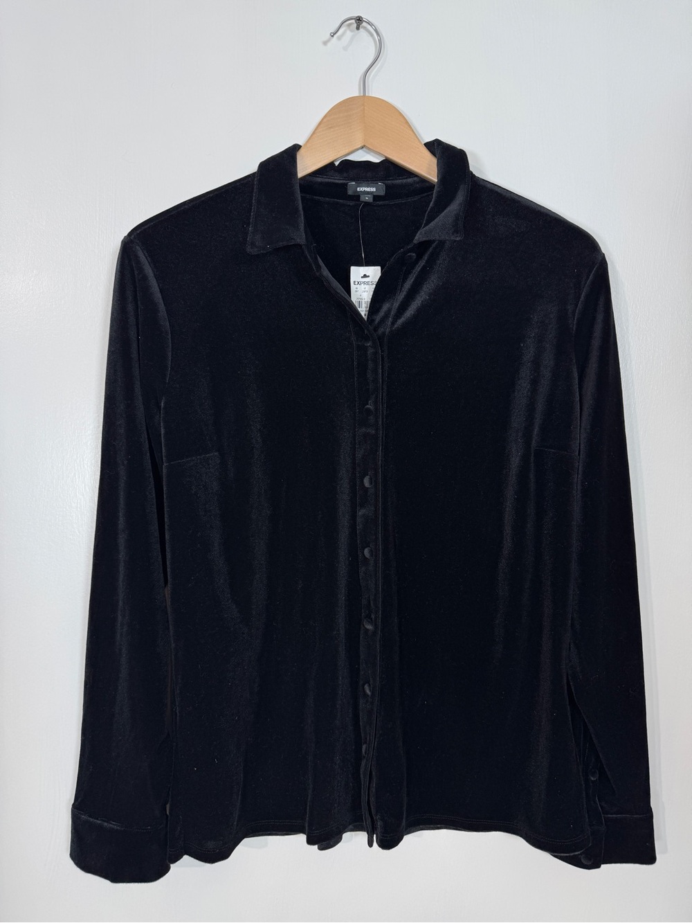 WSH159 {Express} Black Velvet Velour Long Sleeve Button Down Top Shirt